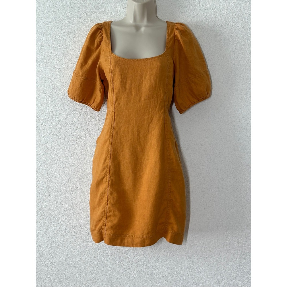 Madewell Women 6 Burnt Orange Linen Puff Sleeve Smocked Back Mini Dress Pockets